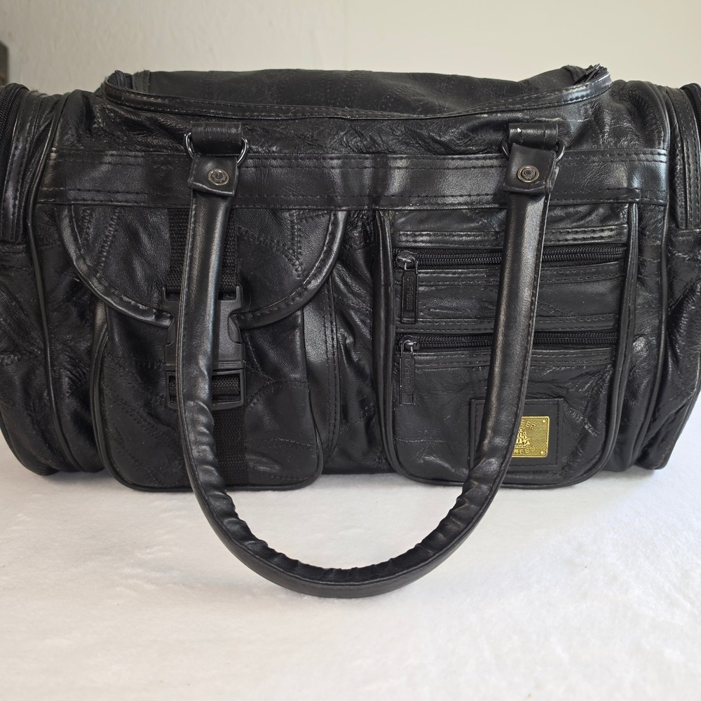 Vintage Pioneer Express Black Patchwork Leather Duffel Travel Bag Multi Pocket